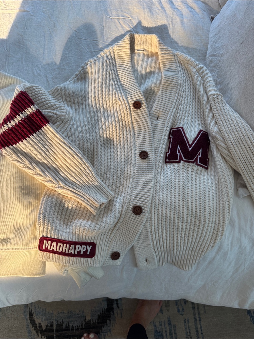 Madhappy Cream Cardigan with Burgundy Lettering and Stripe size Xs